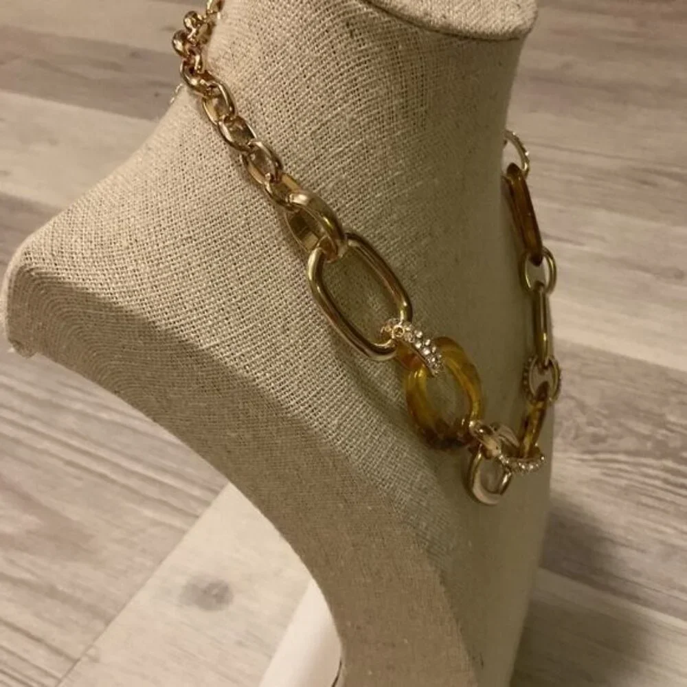 Mixed Gold Chunky Tortoise Shell Rhinestone Link Necklace - Picture 3 of 4